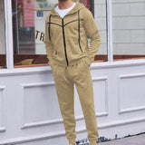 Men's Casual Solid Color Waffle Hooded Sweatshirt Jacket Set 56698295Y