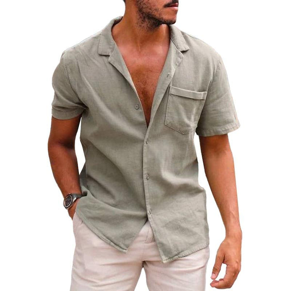 Men's Casual Solid Color Lapel Patch Pocket Short Sleeve Shirt 08536565M