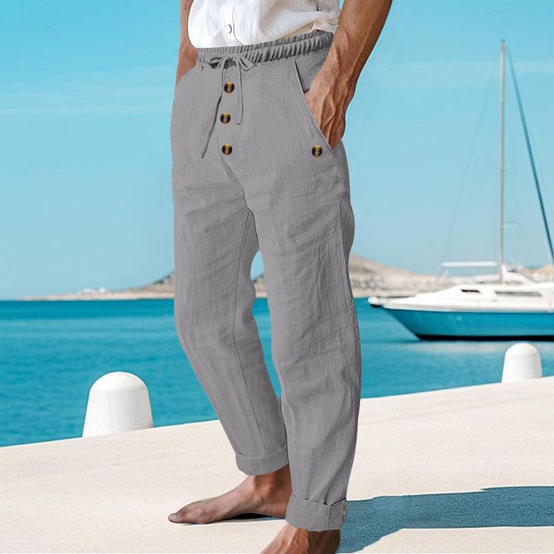 Men's Beach Solid Color Cotton and Linen Drawstring Pants 80434182Y