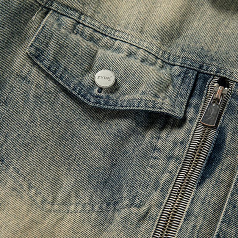 Men's Vintage Distressed Washed Loose Lapel Single-Breasted Denim Jacket 33911061M