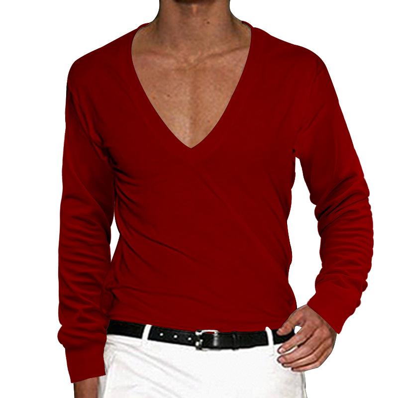 Men's Casual V Neck Solid Color Slim Long Sleeve T-Shirt 11701217M