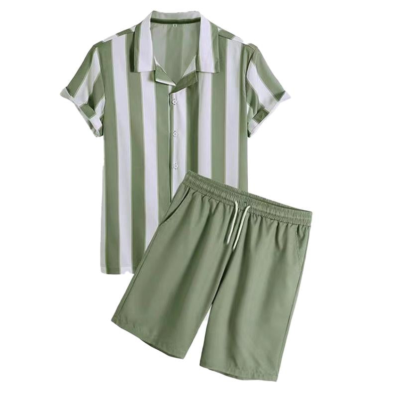 Men's Striped Print Beach Short-sleeve Shorts Two-piece Set 69737380X