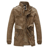 Men's Mid-length Stand Collar PU Leather Plus Fleece Coat 66364252U