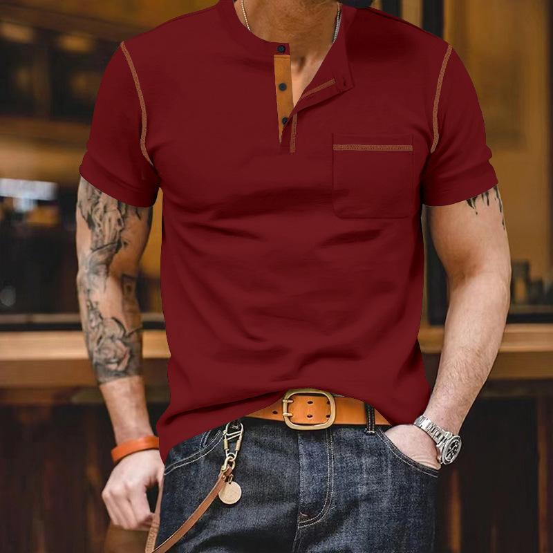 Men's Casual Colorblock Henley Collar Slim Fit Short Sleeve T-Shirt 07925648M