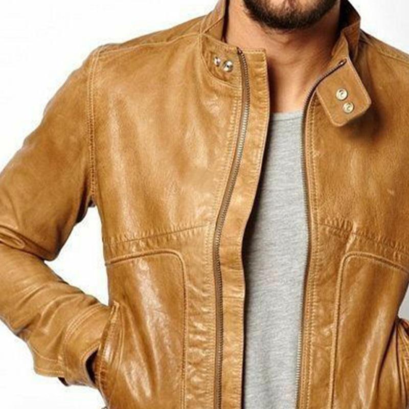 Men's Stand Collar Zipper Leather Jacket 24228788U