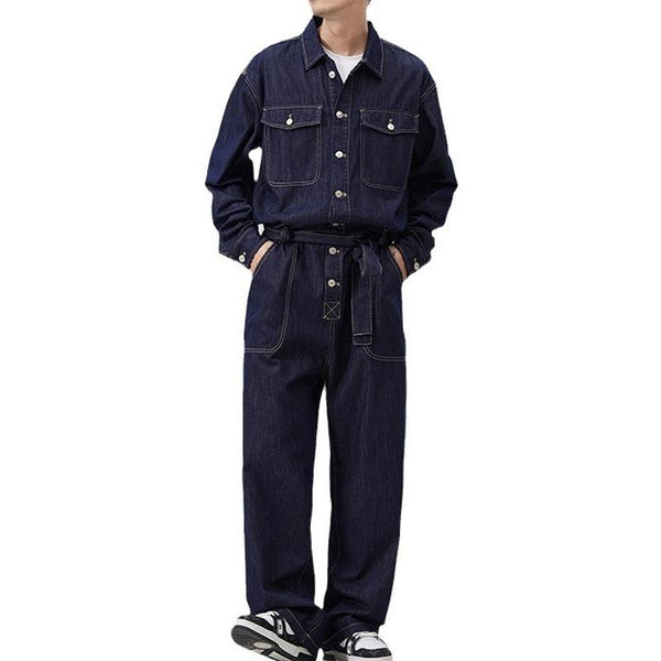 Men's Vintage Loose Belt Multi-Pocket Denim Jumpsuit Coverall 71826101Y