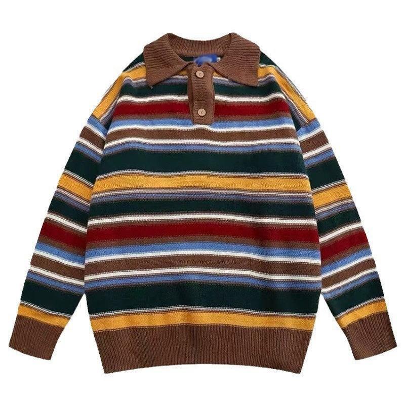 Men's Retro Striped Loose Knit Sweater 62043177X