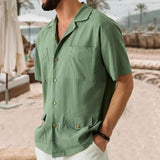 Men's Casual Solid Color Cuban Collar Multi-Pocket Short Sleeve Shirt 80419561Y