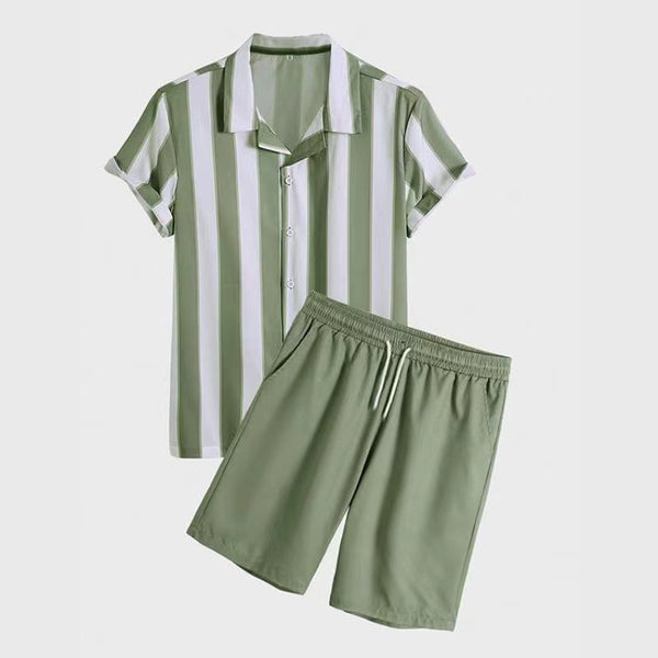Men's Striped Print Beach Short-sleeve Shorts Two-piece Set 69737380X
