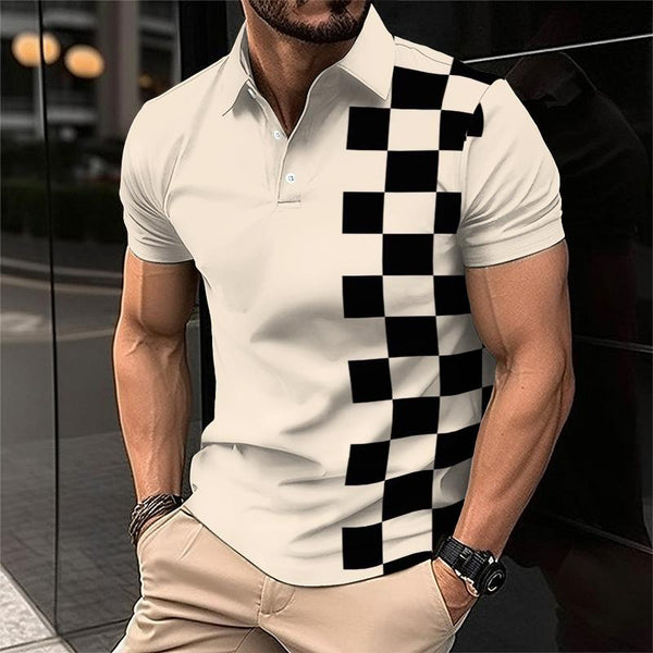 Men's Casual Checkerboard Color Block Short Sleeve Polo Shirt 71511741TO