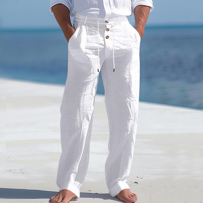 Men's Solid Color Cotton And Linen Buttons Decor Drawstring Waist Casual Pants 58659698Z