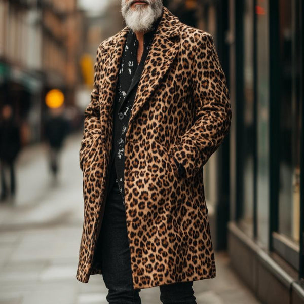 Men's Retro Casual Leopard Print Mid-Length Lapel Coat 71229991TO