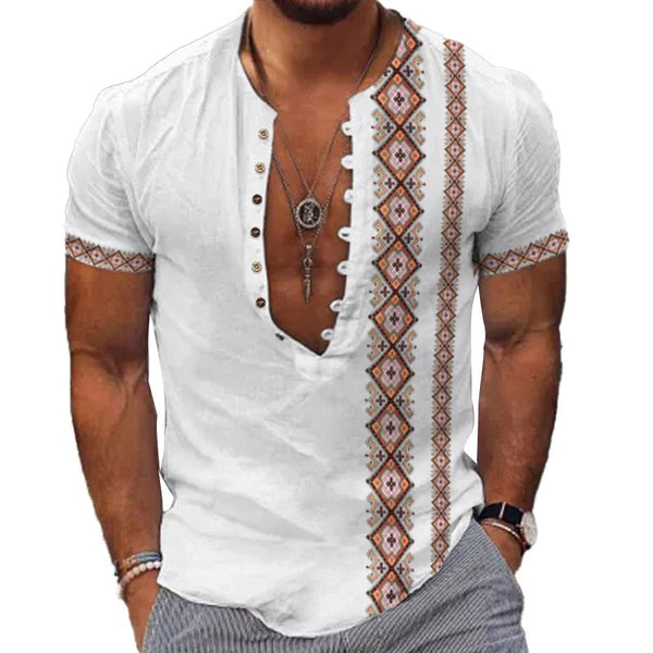 Men's Vintage Printed Panel Round Neck Short Sleeve Shirt 82975141Y