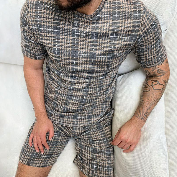 Men's Casual Plaid T-shirt Two-piece Set 07735847TO