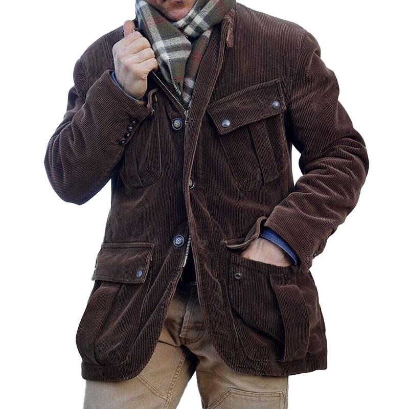 Men's Vintage Corduroy Solid Collar Multi Pocket Jacket 89174555Y