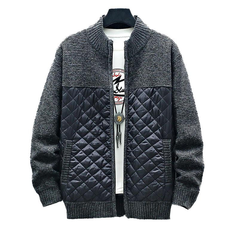 Men's Vintage Knitted Patchwork Quilted Cotton Stand Collar Cardigan 13070191Y