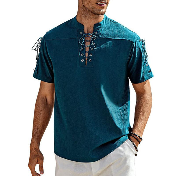 Men's Solid Color Lace-Up V-Neck Short-Sleeved Shirt 40586432Y
