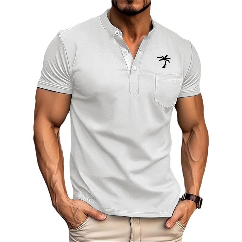 Men's Casual Stand Collar Coconut Print Slim Fit Short Sleeve T-Shirt 39992667M