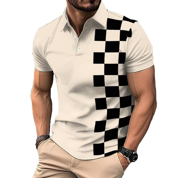 Men's Casual Checkerboard Color Block Short Sleeve Polo Shirt 71511741TO