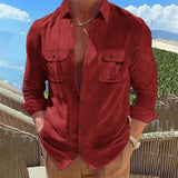 Men's Solid Color Corduroy Cargo Pocket Casual Long Sleeve Shirt 96640449X