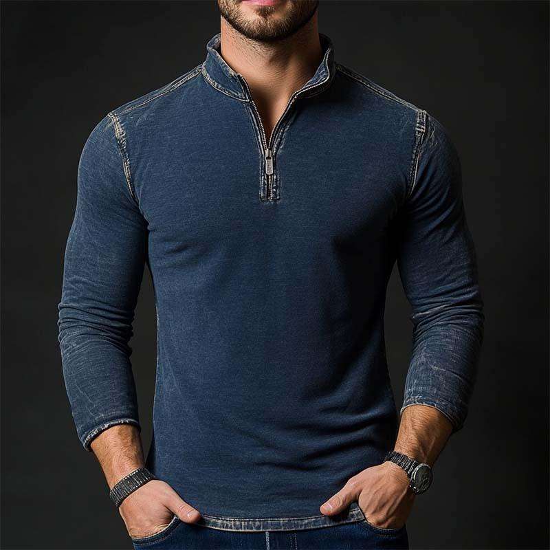 Men's Classic Retro Distressed Stand-up Collar Zipper Slim Fit Long Sleeve POLO Shirt 57133393K