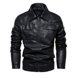 Men's Vintage Solid Color Double Breast Pockets Lapel Leather Jacket 33879944Y