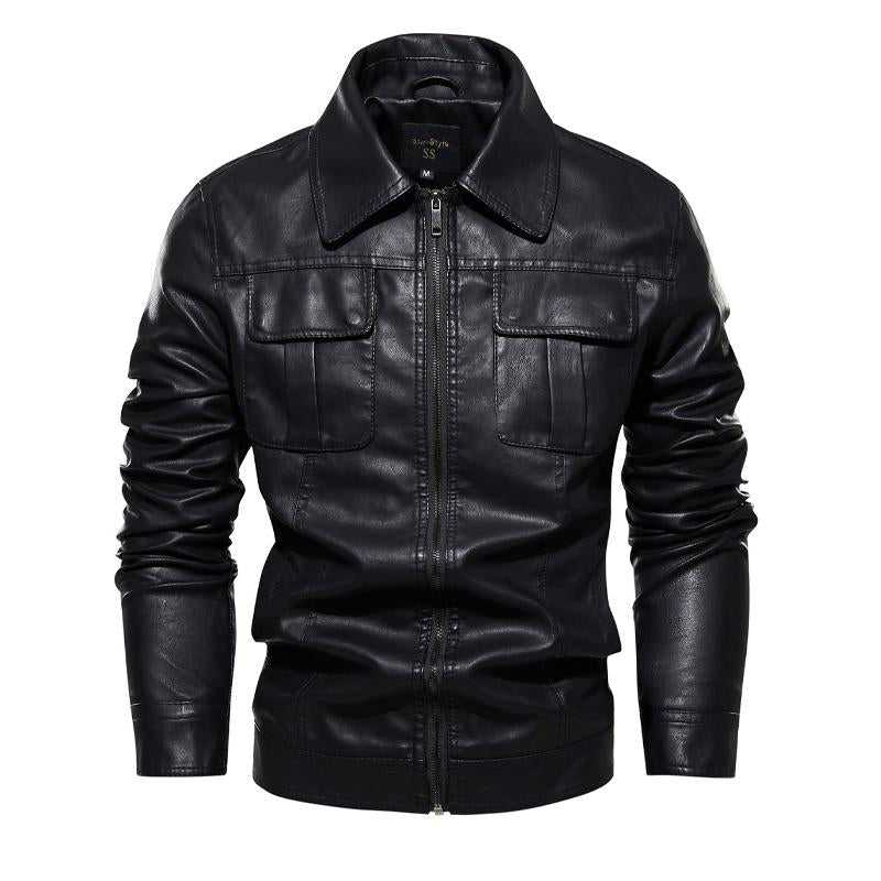Men's Vintage Solid Color Double Breast Pockets Lapel Leather Jacket 33879944Y