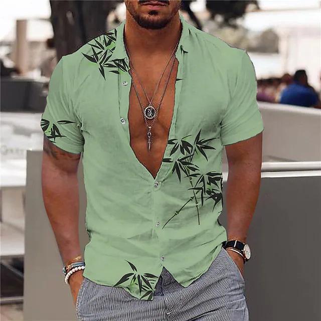 Men's Botanical Print Button Down Short Sleeve Lapel Shirt 47422859X