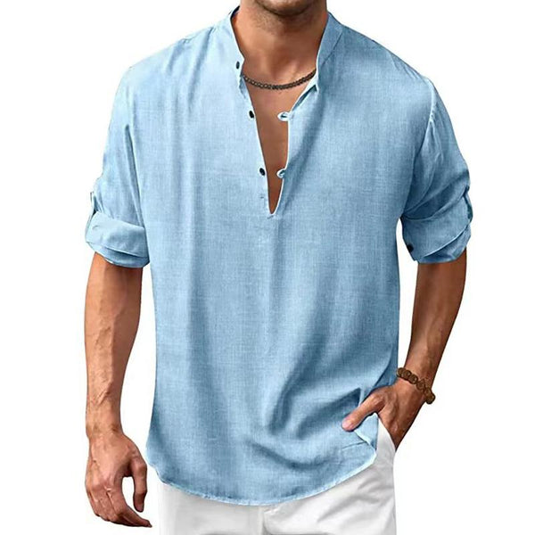 Men's Casual Solid Color Stand Collar Button Long Sleeve Shirt 97174588M