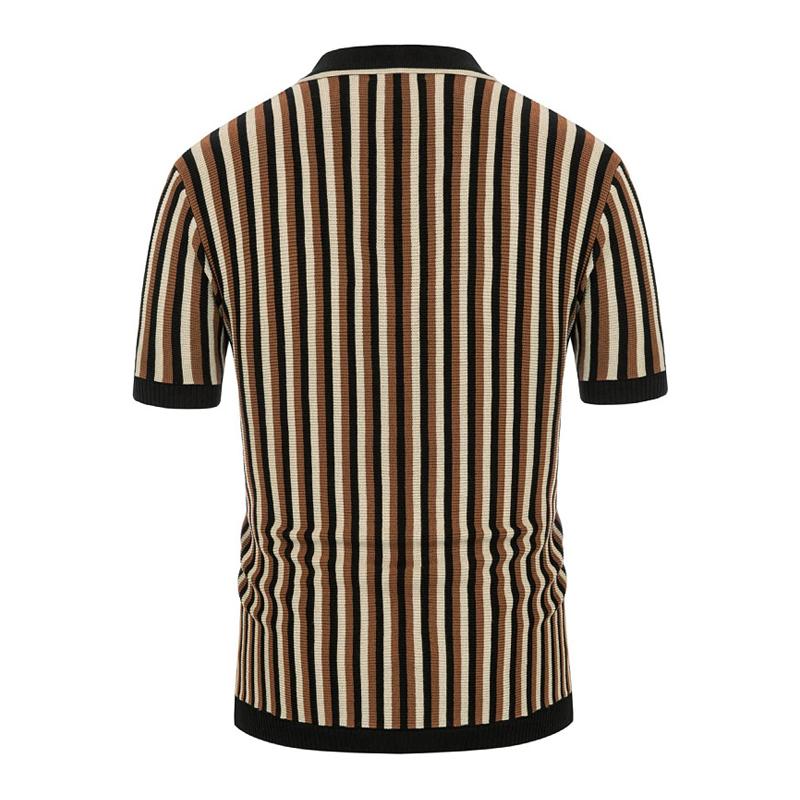 Men's Casual Ice Silk Striped Knitted Lapel Short-Sleeved Cardigan 08944932M