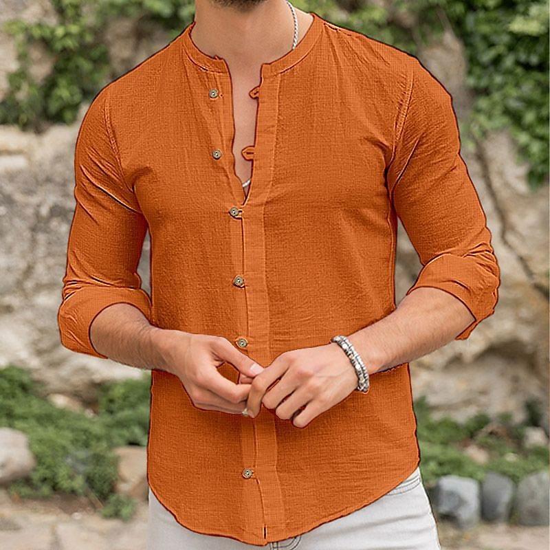 Men's Solid Color Stand Collar Button Cotton Linen New Long Sleeve Shirt 16959135X