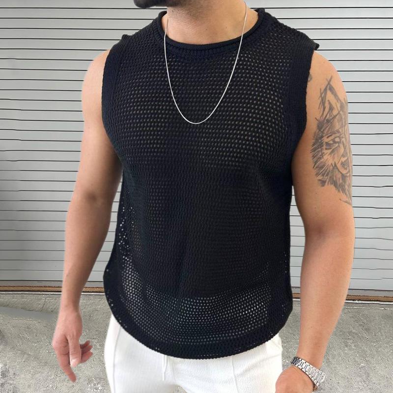 Men's Casual Round Neck Hollow Knitted Tank Top 61697808M