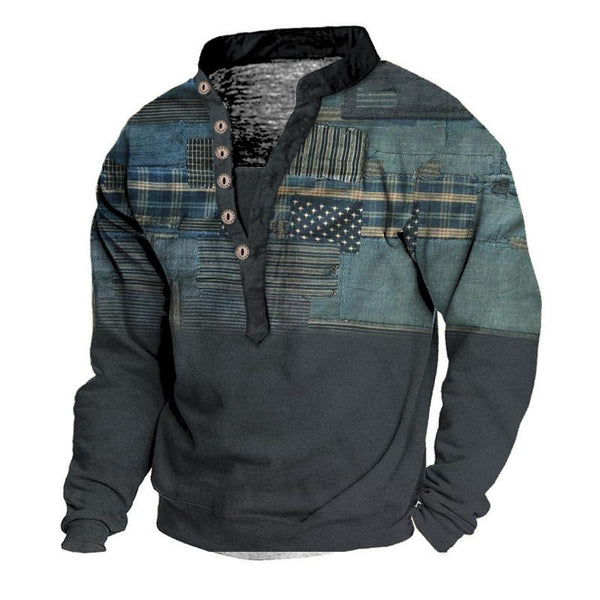 Men's Printed Stand Collar V-Neck Vintage Sweatshirt 82669063U