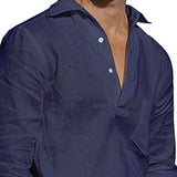 Men's Casual Cotton Linen Lapel Patch Pocket Pullover Long-Sleeved Shirt 30364198M