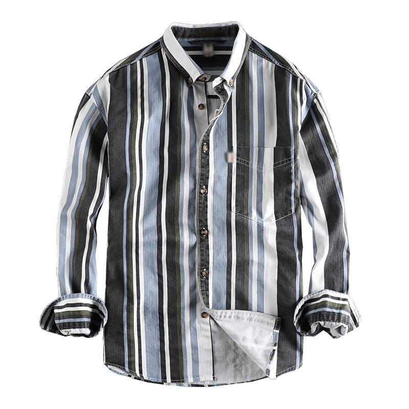 Men's Retro Color Striped Cotton Loose Lapel Long Sleeve Shirt 08469564M