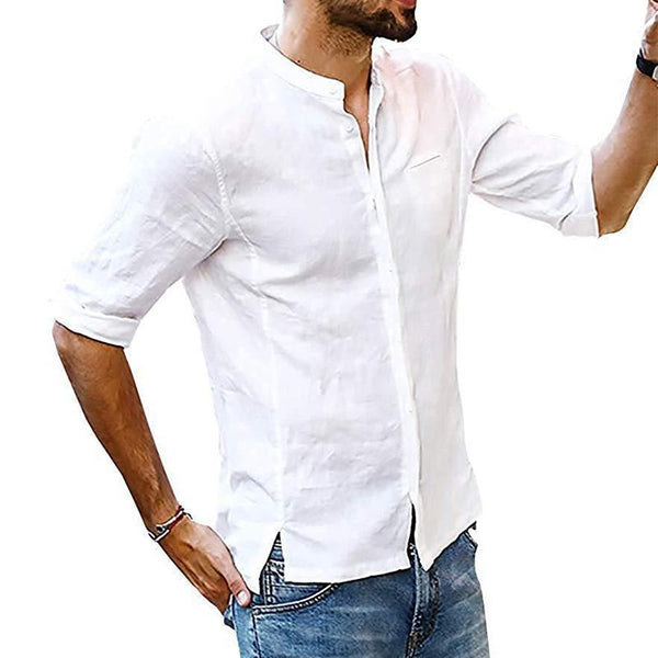 Men's Casual Solid Color Stand Collar Cotton Linen Long Sleeve Shirt 34879715M