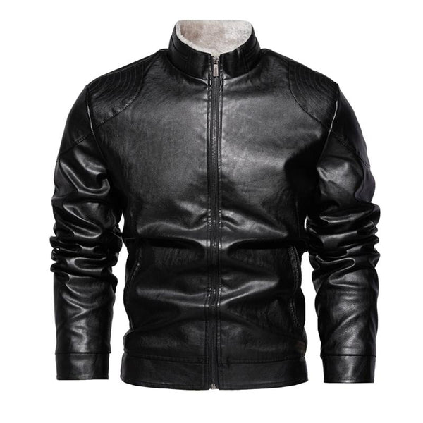 Men's Motorcycle Solid Color Vintage Zipper Stand Collar Leather Jacket 49955406X