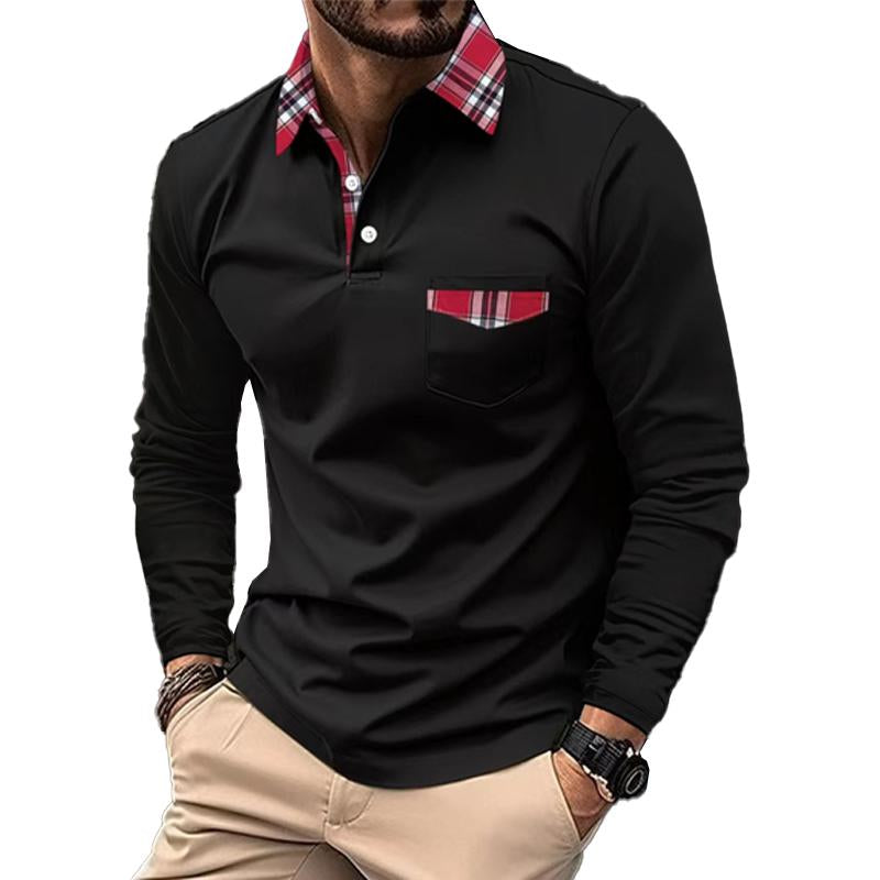 Men's Lapel Plaid Patchwork Long-sleeved Sports Polo Shirt 36877231X