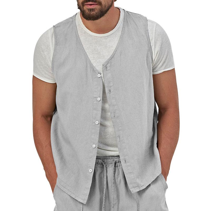 Men's Single Breasted Casual Solid Color Linen V-Neck Vest 69545873X