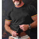 Men's Rainbow Stripe Patchwork Round Neck Short Sleeve T-Shirt 65266815Y