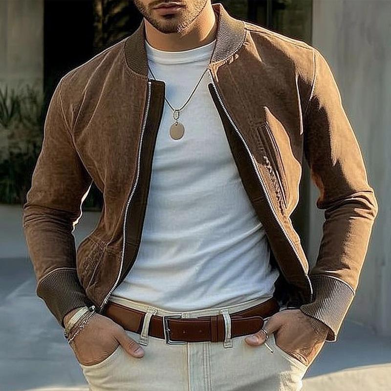 Men's Solid Suede Casual Baseball Jacket 72036090X