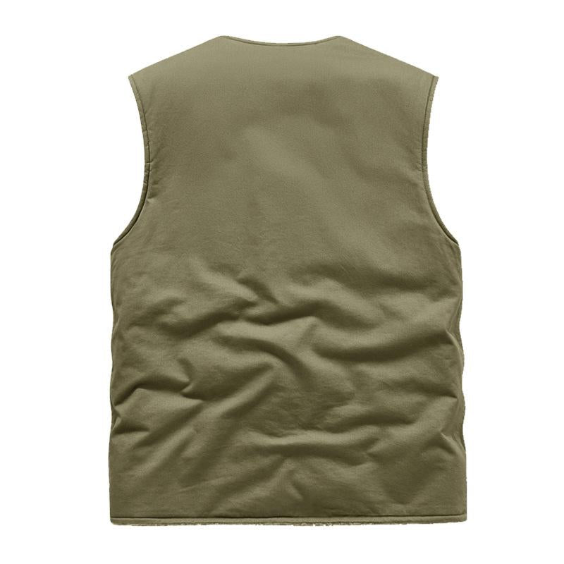 Men's Retro Plush Lined Warm Collarless Cargo Vest 26112237Y