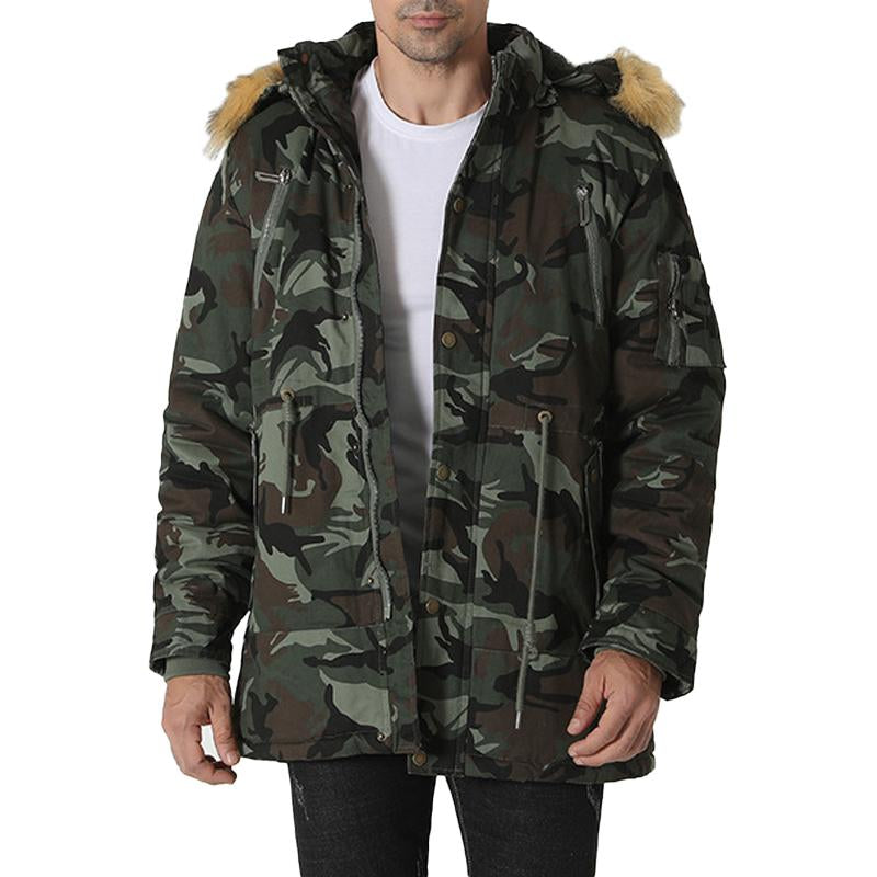 Men's Vintage Camouflage Plush Hooded Coat 40525828Y