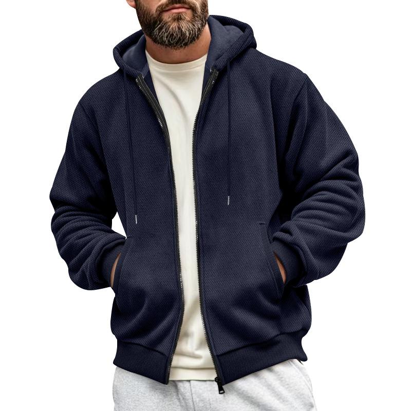 Men's Solid Color Plush Hooded Zipper Casual Jacket 52220748Z