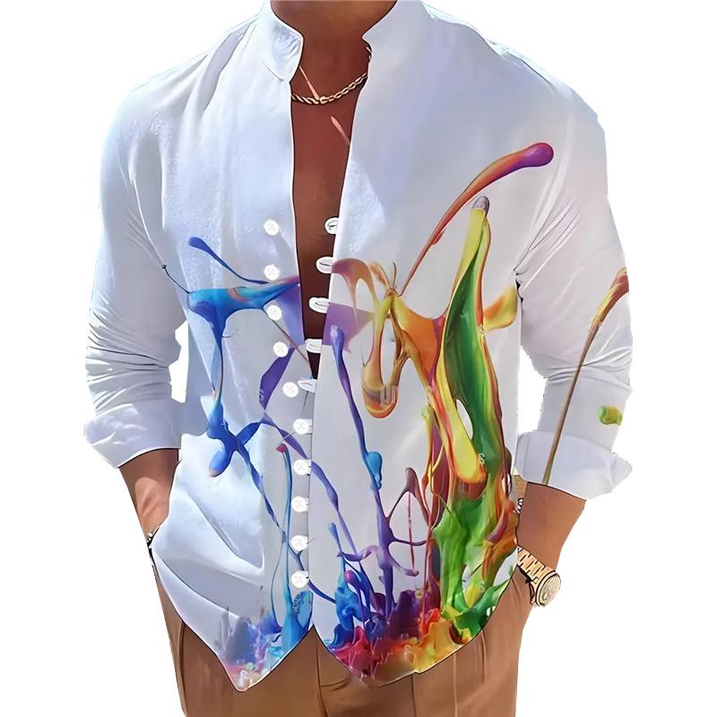 Chemise à manches longues à imprimé boutonné et col montant pour homme 19890785X