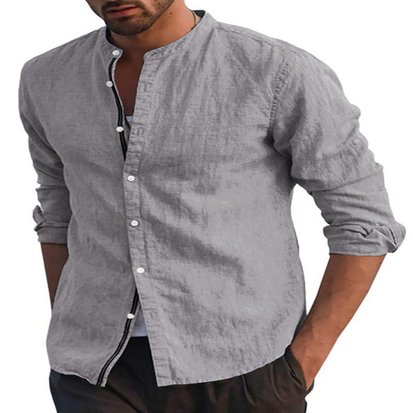 Men's Casual Long Sleeve Shirt Solid Color Simple Loose Stand Collar Shirt 55411530X