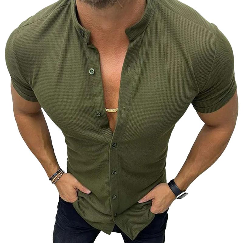 Men's Casual Solid Color Stand Collar Waffle Short Sleeve Shirt 42874660M