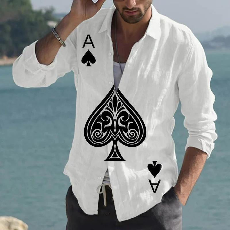 Men's Poker Print Long Sleeve Lapel Shirt 25049520X