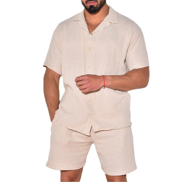 Men's Casual Solid Color Loose Short-sleeved Shorts Cotton and Linen Two-piece Set 91311528X