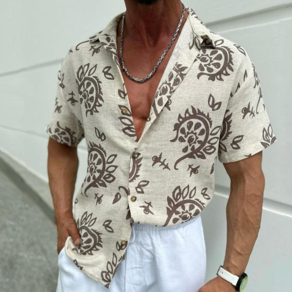 Men's Casual Linen Perris Print Short Sleeve Shirt 64880169TO